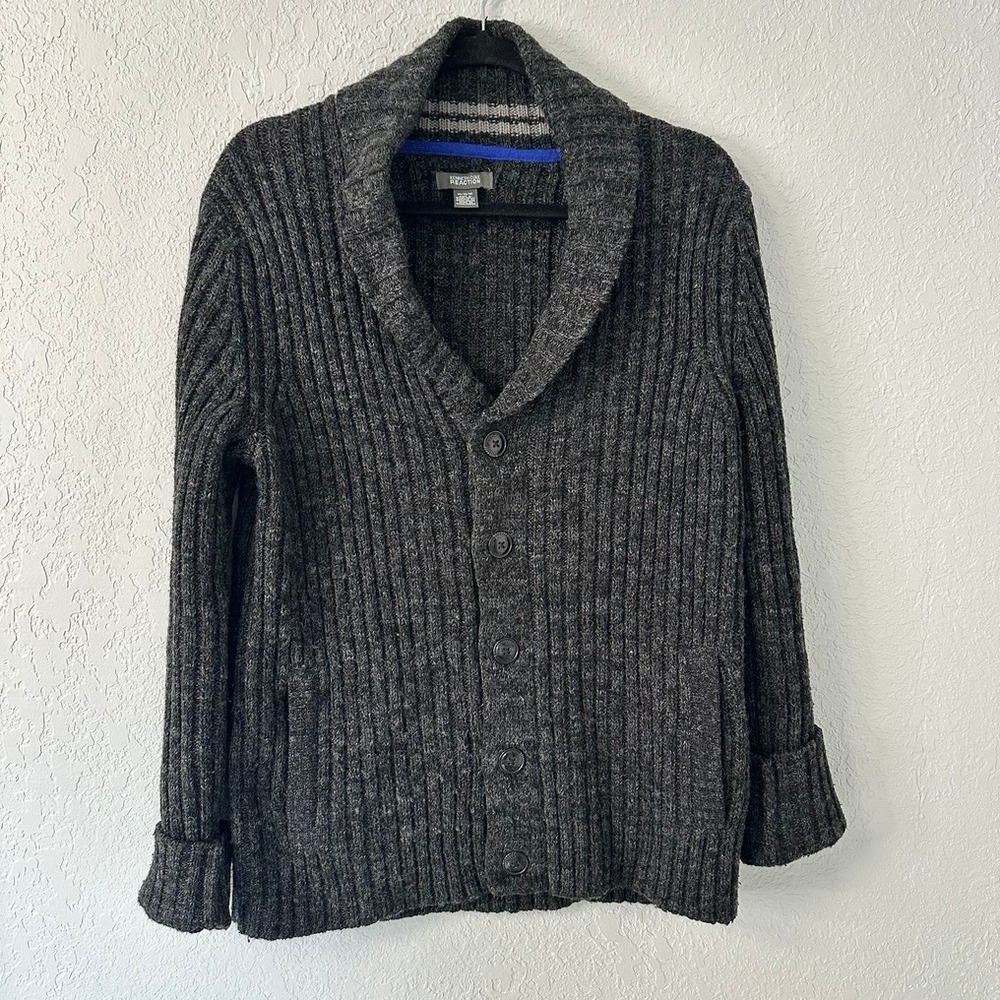 Kenneth Cole Reaction sweater cardigan men's medium Grandpa heather gray varsity